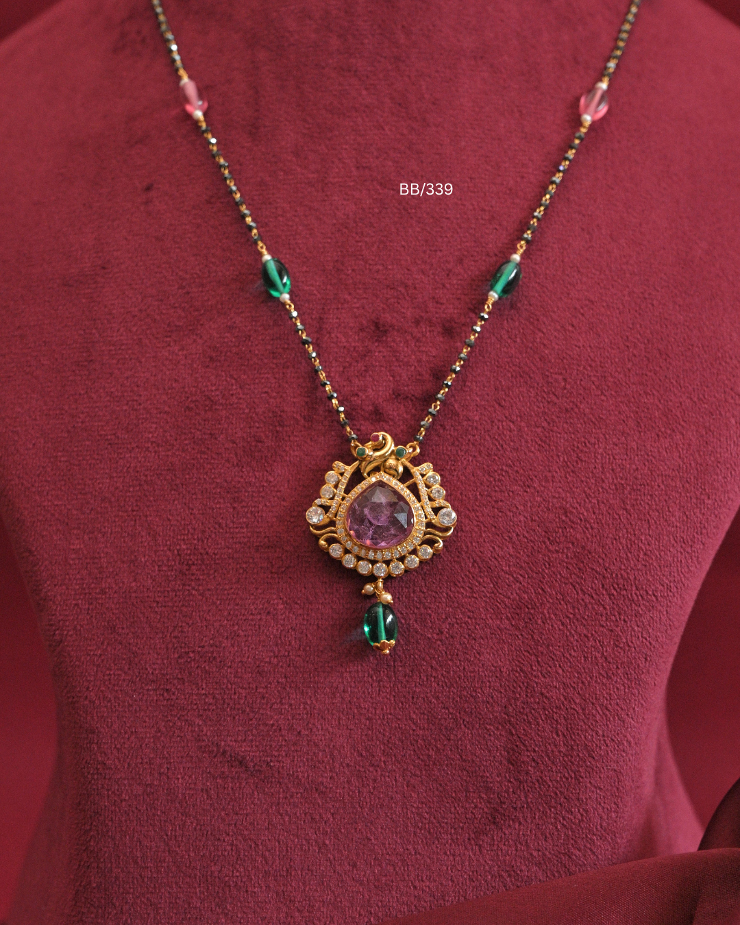 Peacock & Faceted Purple Gemstone Pendant Mangalsutra with Emerald & Pink Station Beads |SKU: BB/339