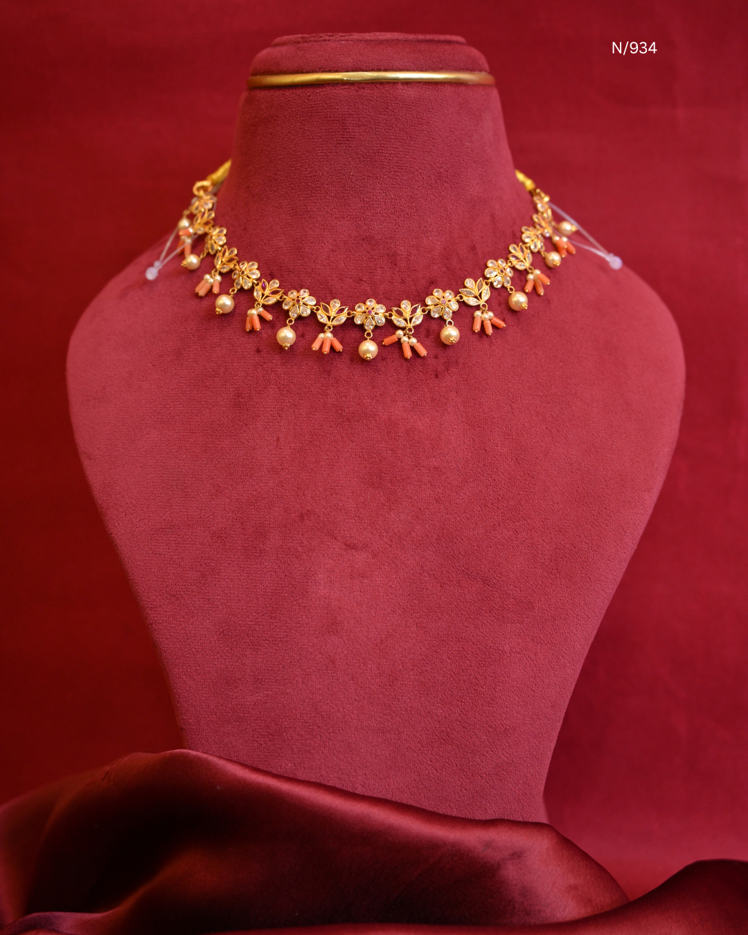 Floral CZ Polki Station Choker Necklace with Natural Red Coral (Pagadam) Clusters & Pearl Drops | SKU: N/1787