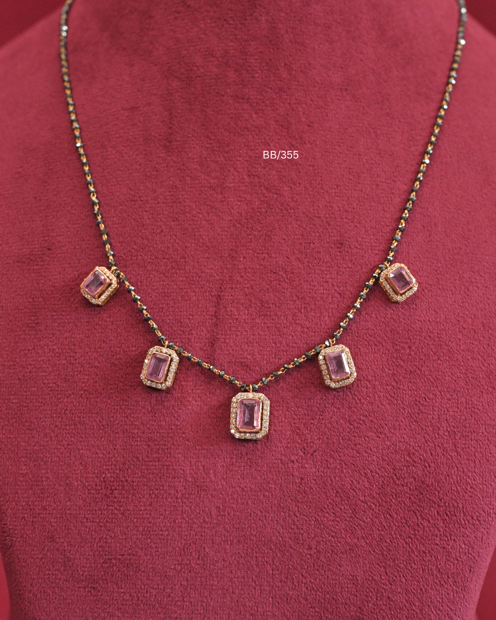 Pink Emerald-Cut Gemstone & CZ Halo 5-Station Mangalsutra | SKU: BB/355