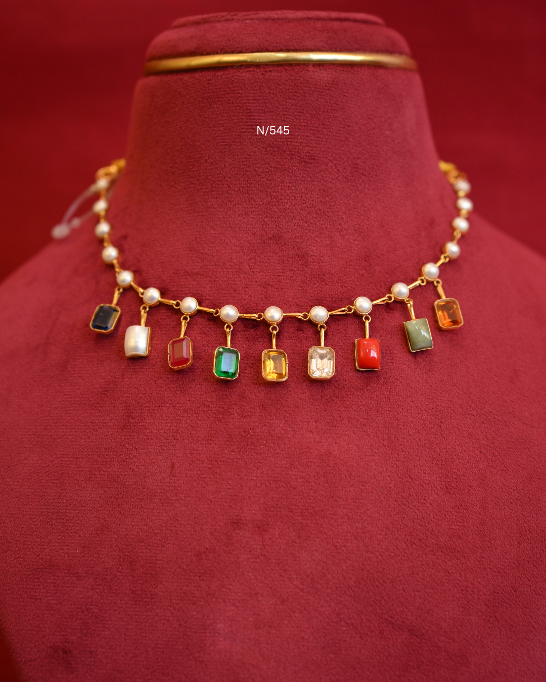 Navaratna-Inspired Multi-Gemstone & Pearl Station Choker Necklace | SKU: N/545