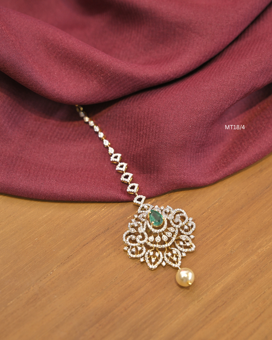 Teardrop Emerald & Floral CZ Lace Medallion Maang Tikka | SKU: MT18/4