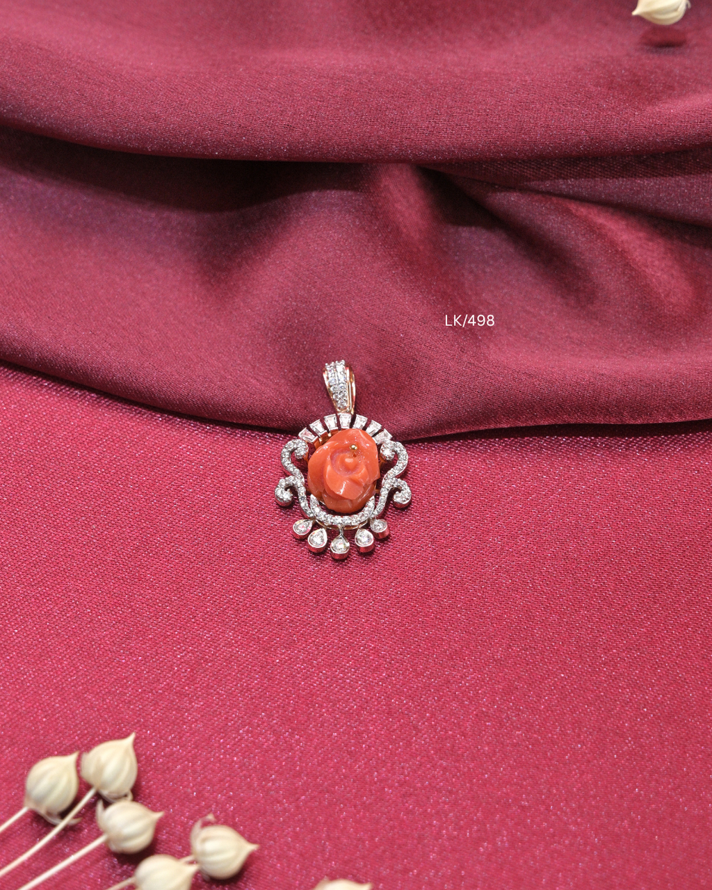 Carved Coral Rose Blossom & CZ Scrollwork Pendant |SKU: LK/498