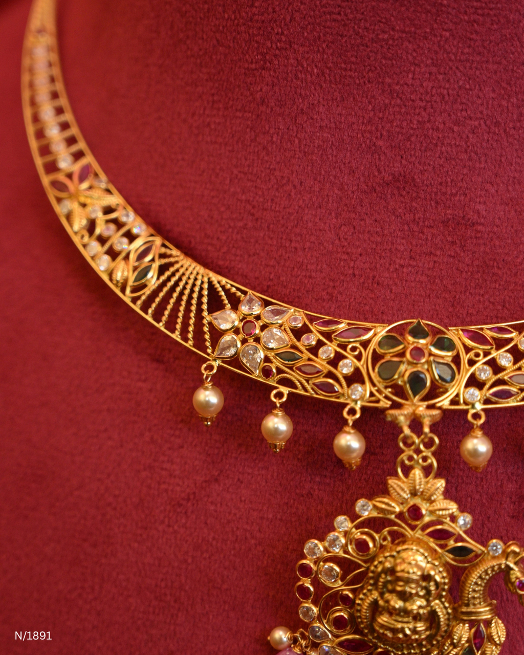 Goddess Lakshmi & Peacock Openwork Temple Choker Necklace with Pink Bead Drops | SKU: N/1891