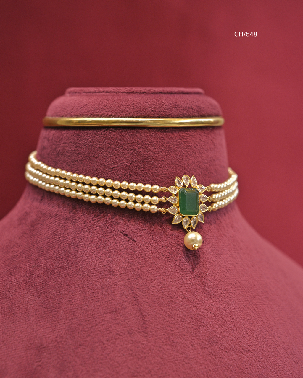 Octagonal Emerald Floral Motif & Pearl Multi-Strand Choker | SKU: CH/548
