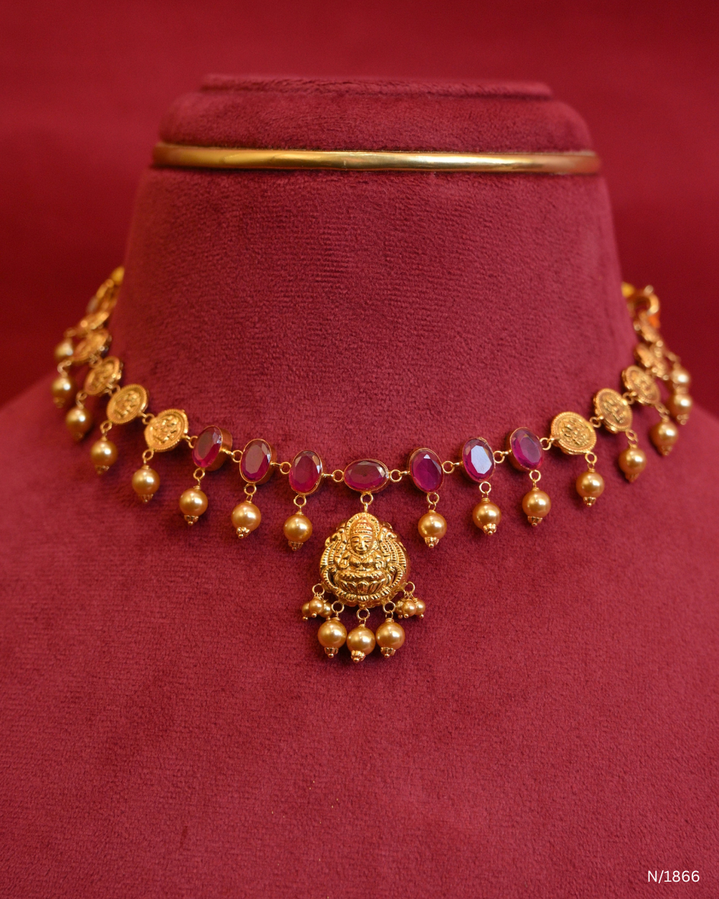 Traditional Ruby Kasu Temple Choker Necklace with Gold Bead Dangles | SKU: N/1866