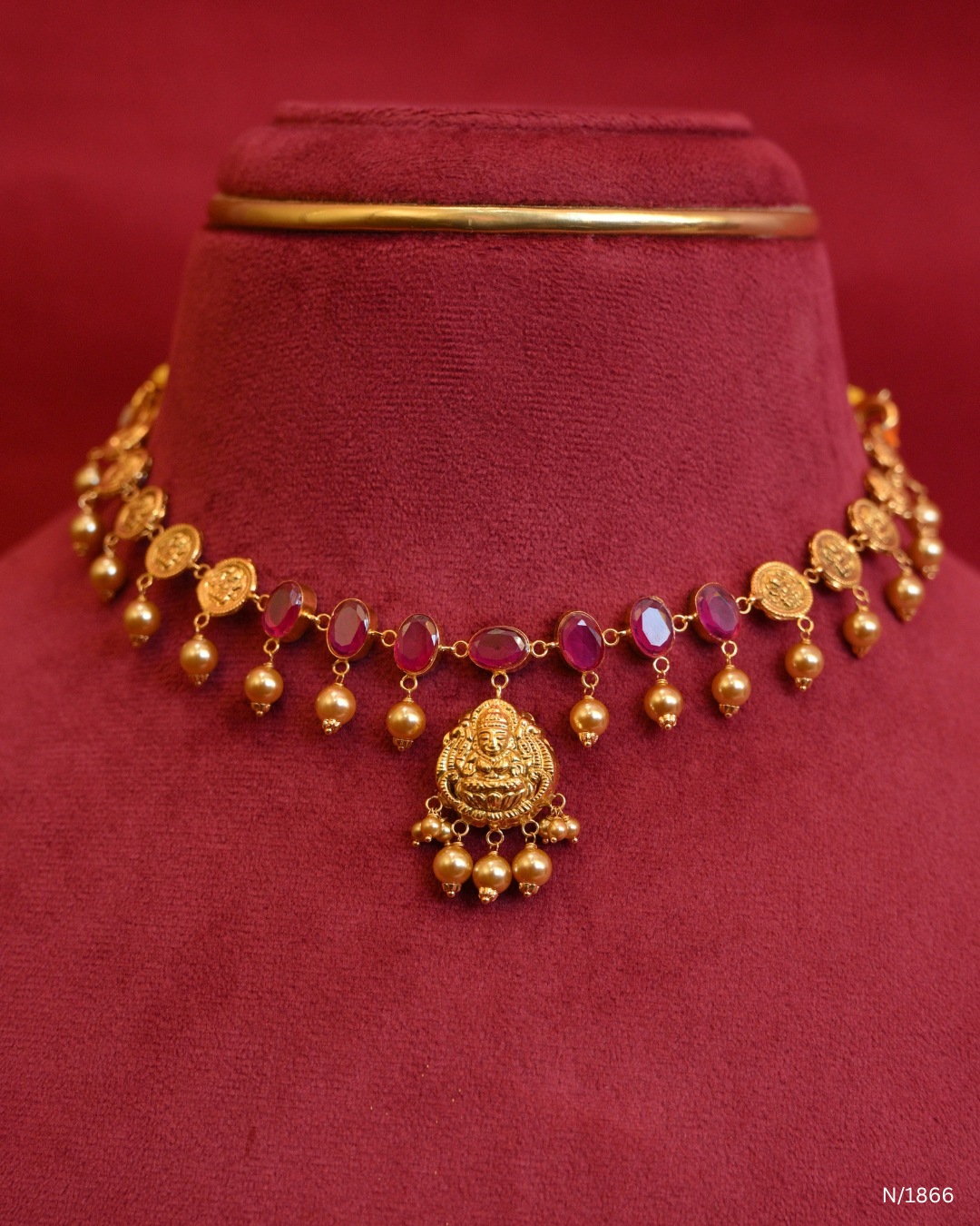 Traditional Ruby Kasu Temple Choker Necklace with Gold Bead Dangles | SKU: N/1866