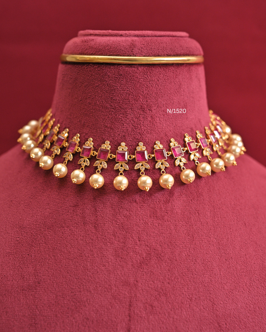 Baguette Ruby & CZ Leaf Necklace with South Sea Pearl Drops |SKU: N/1520