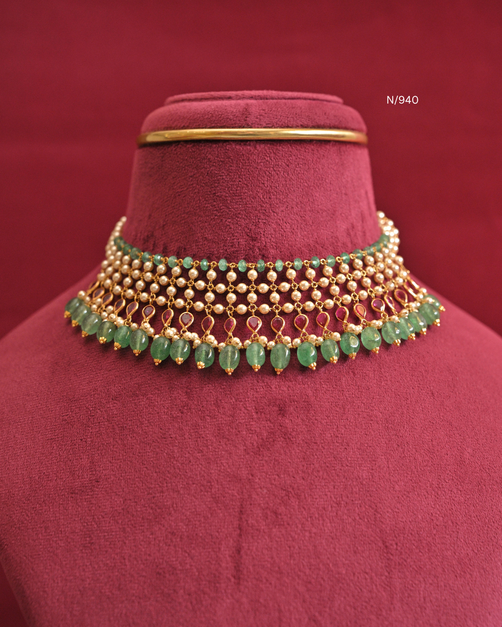 Pearl Mesh & Teardrop Ruby Necklace with Emerald Bead Drops |SKU: N/940