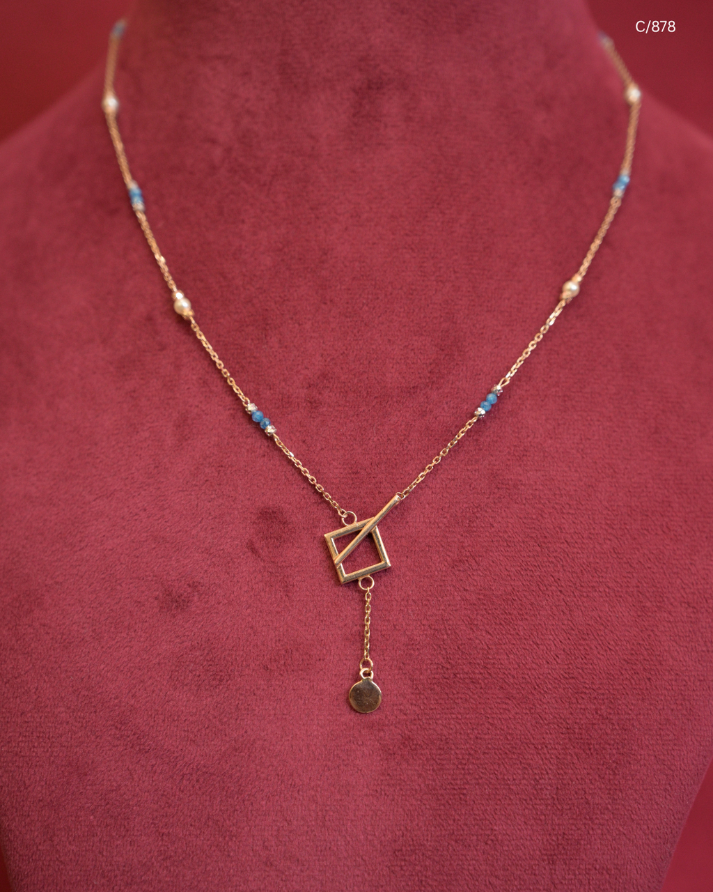 Gold Turquoise & Pearl Beaded Station Y-Necklace with Geometric Square Frame & Disc Drop | SKU: C/878