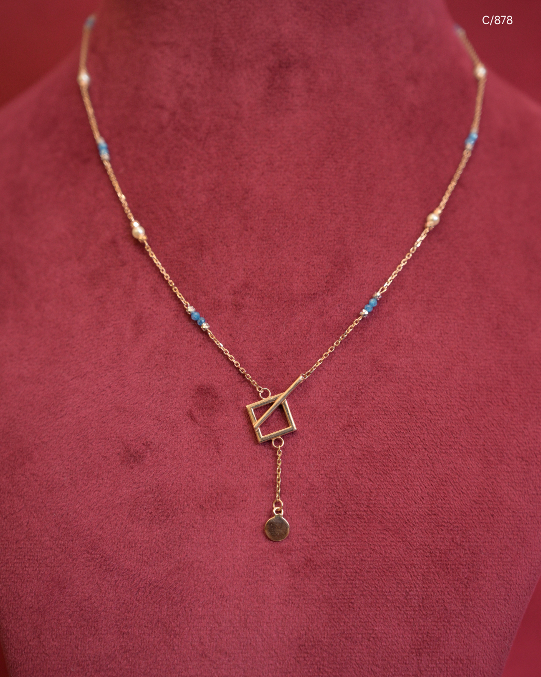 Gold Turquoise & Pearl Beaded Station Y-Necklace with Geometric Square Frame & Disc Drop | SKU: C/878