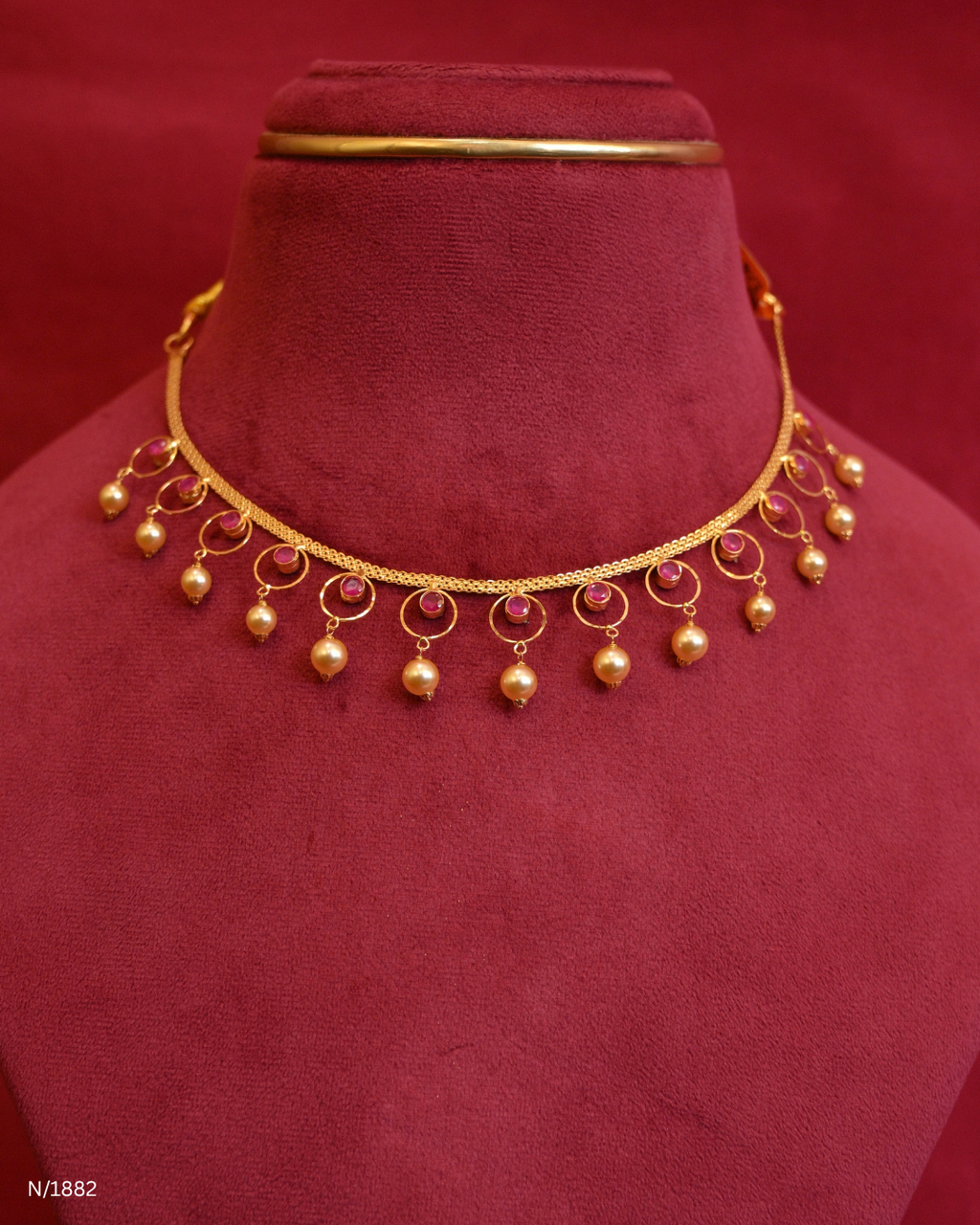 Minimalist Mesh Choker Necklace with Ruby Stations & Pearl Drops | SKU: N/1882