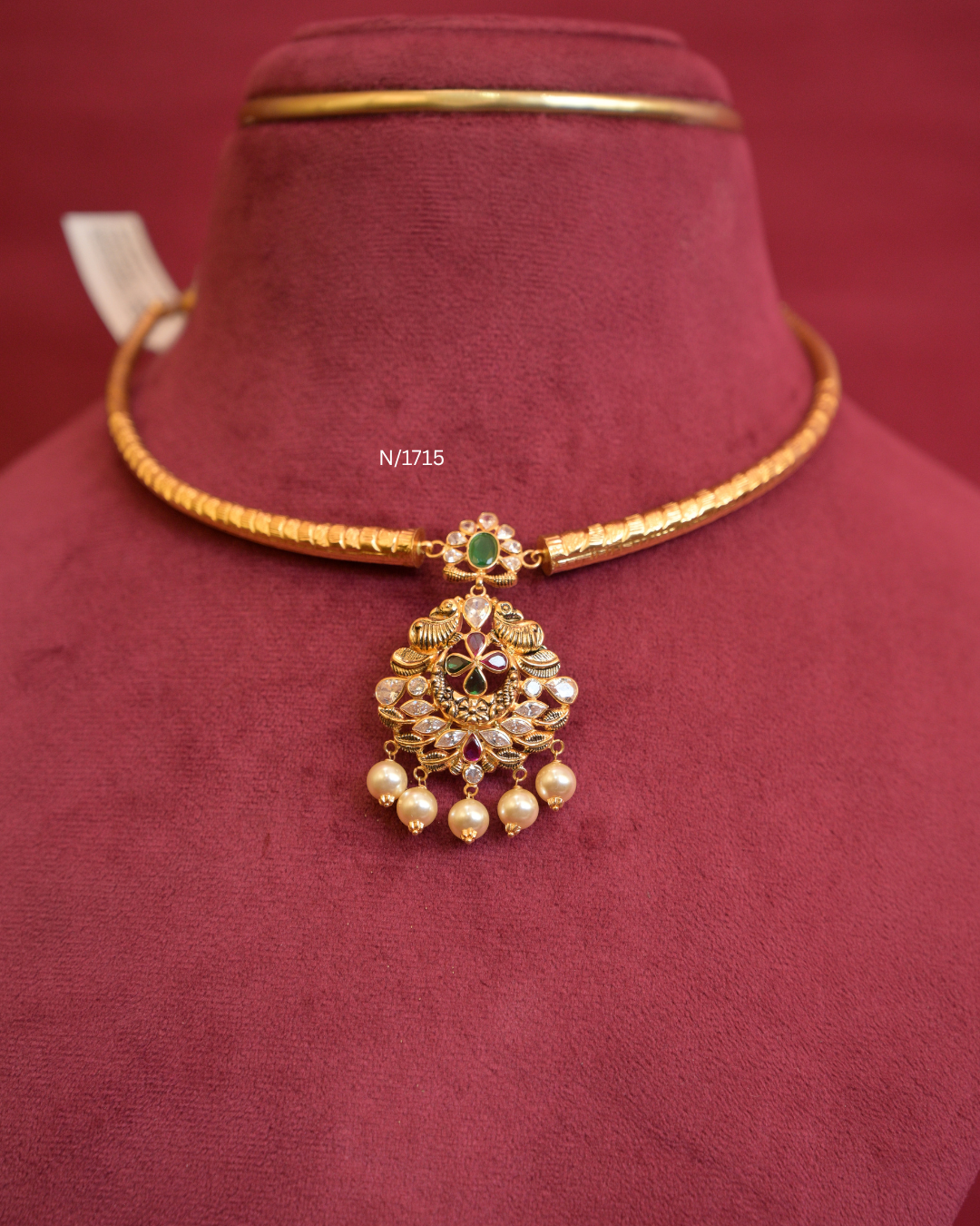 Twin Peacock Floral Ruby & Emerald Pendant Tubular Hasli with Marquise CZ & Pearl Drops |SKU: N/1715