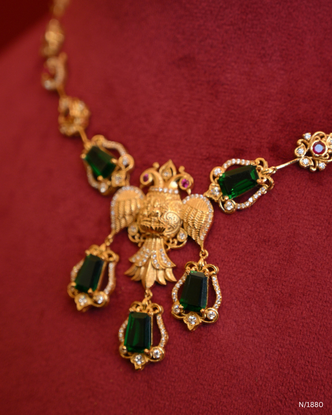 Traditional Winged Peacock Nakshi & Green Emerald Gemstone Temple Necklace | SKU: N/1880