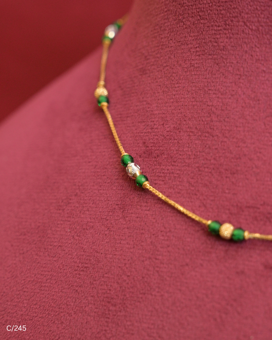 Chain Necklace with Green Gemstone Beads & Gold Spheres |SKU: C/245