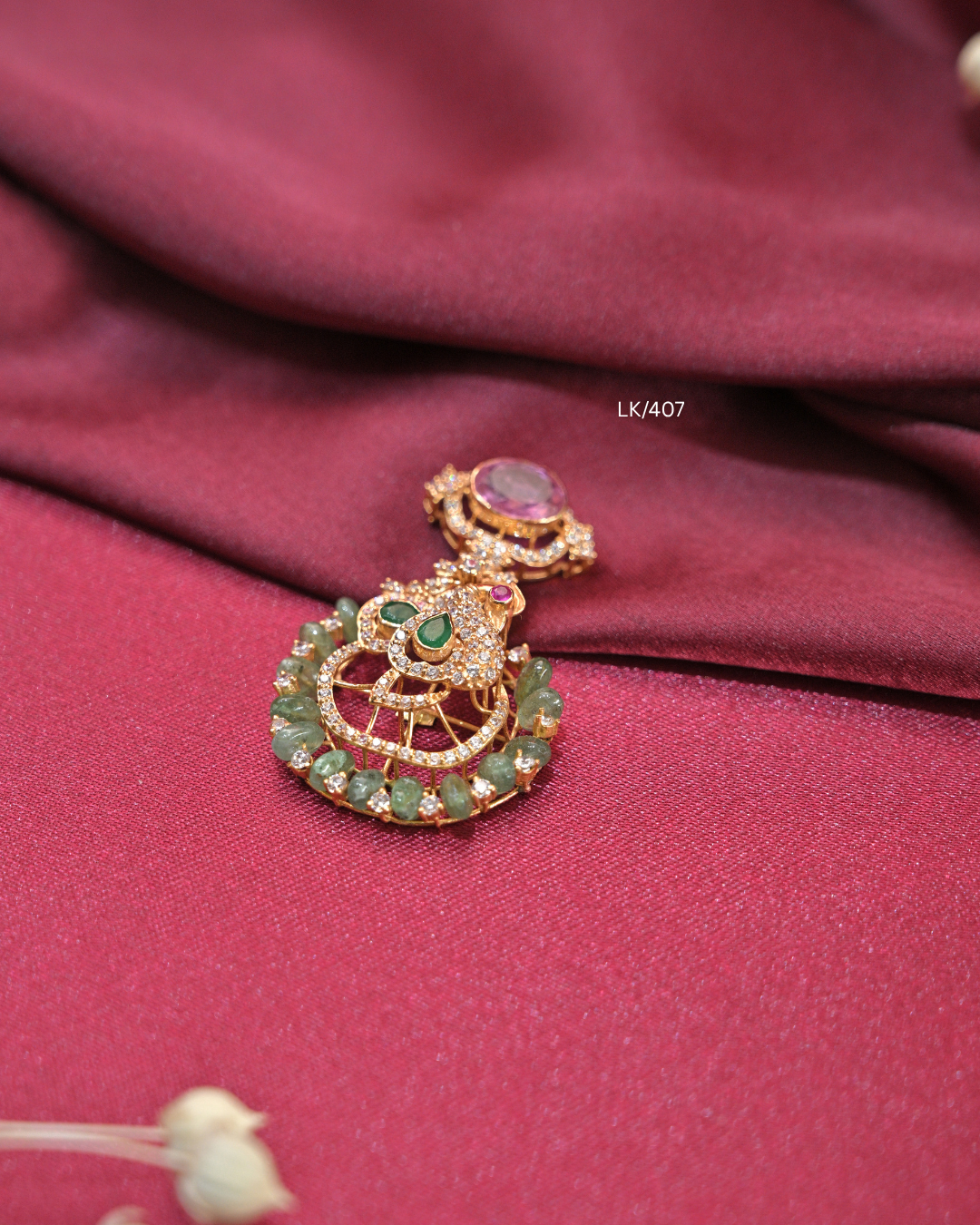Antique Oval Cambodia Ruby Bale & Peacock Pendant with Emerald Drops | SKU: LK/407