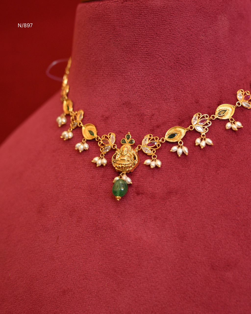Goddess Lakshmi & Twin Peacock Nakshi Temple Choker Necklace with Rubies, Emeralds, Seed Pearls & Emerald Drop | SKU: N/897