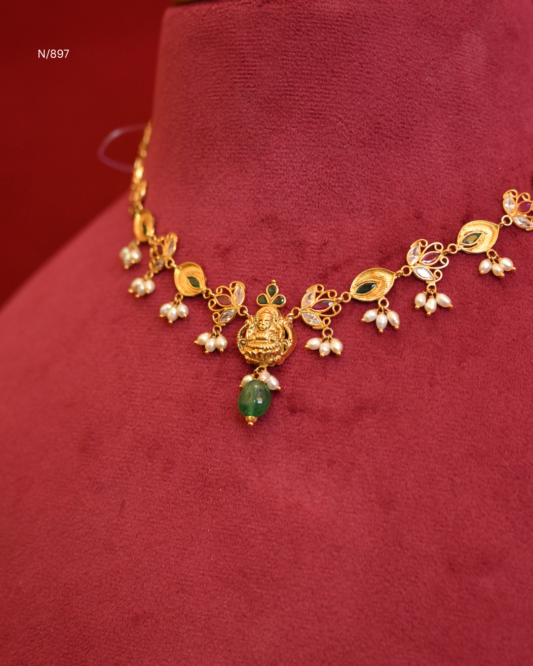 Goddess Lakshmi & Twin Peacock Nakshi Temple Choker Necklace with Rubies, Emeralds, Seed Pearls & Emerald Drop | SKU: N/897