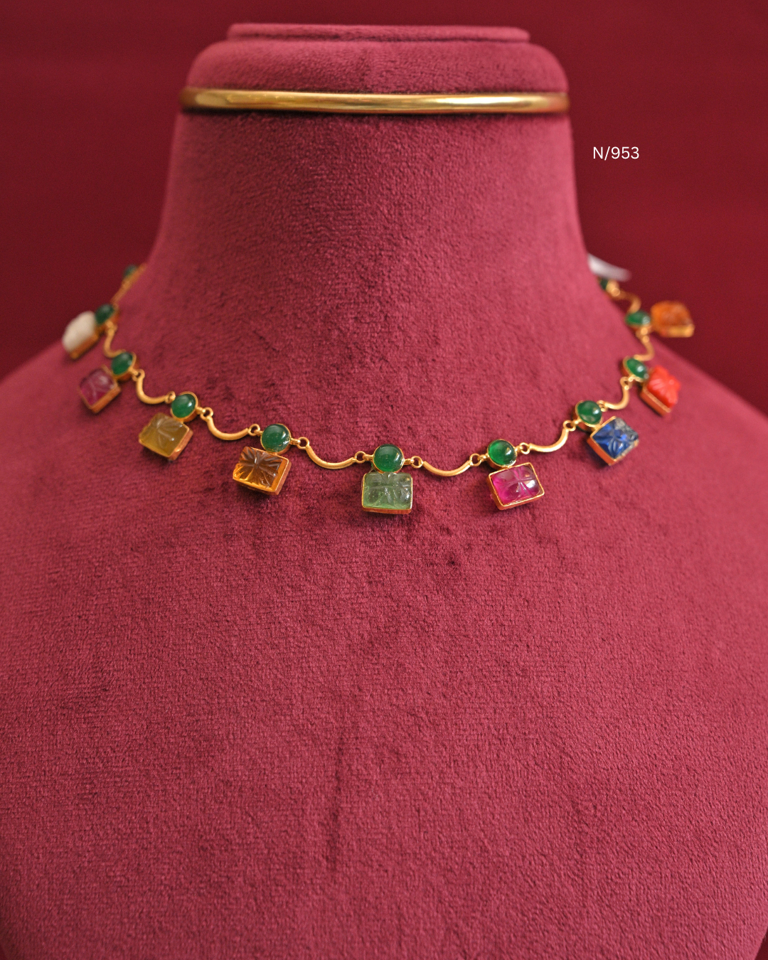 Carved Square Navratna Gemstone Drop Necklace | SKU: N/953