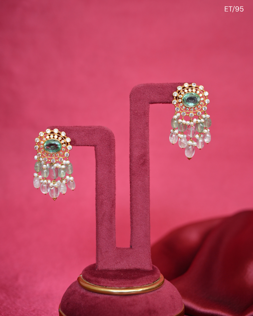 Polki Mint And Pink Quartz Bead Drop Earrings | SKU: ET/95