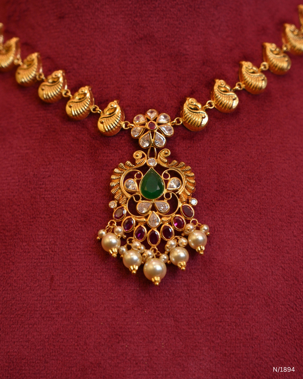 Traditional Peacock Motif Temple Necklace with Emerald, Ruby & Pearl Drops | SKU: N/1894