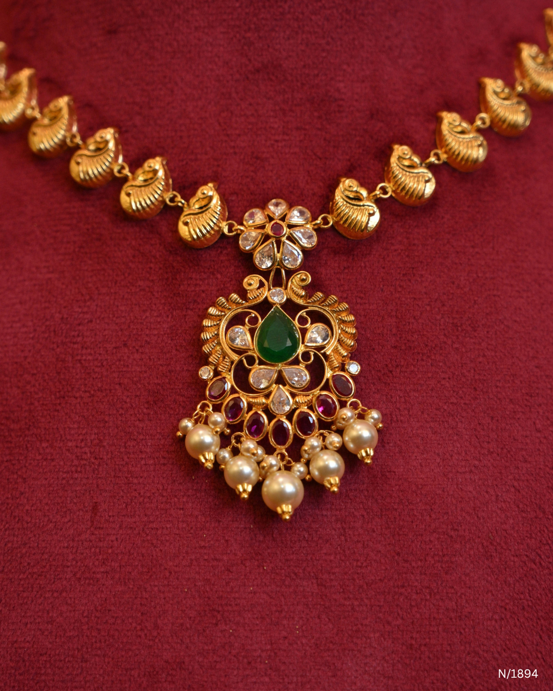 Traditional Peacock Motif Temple Necklace with Emerald, Ruby & Pearl Drops | SKU: N/1894