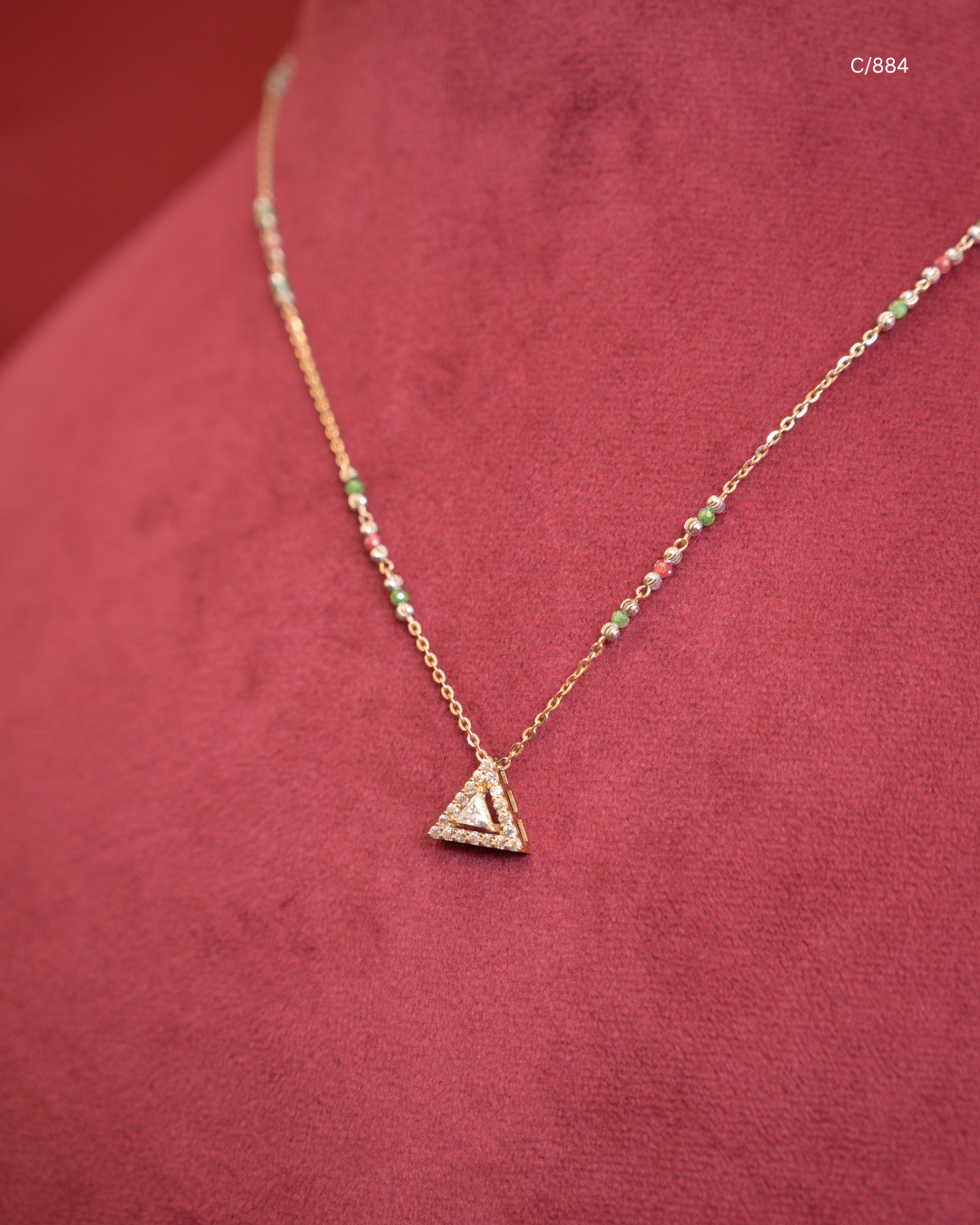 Green & Pearl Beaded Station Necklace with Initial "A" Pave CZ Triangular Pendant | SKU: C/884