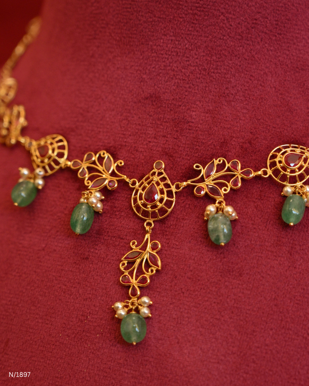 Traditional Openwork Temple Necklace with Ruby Accents & Green Emerald Bead Drops | SKU: N/1897