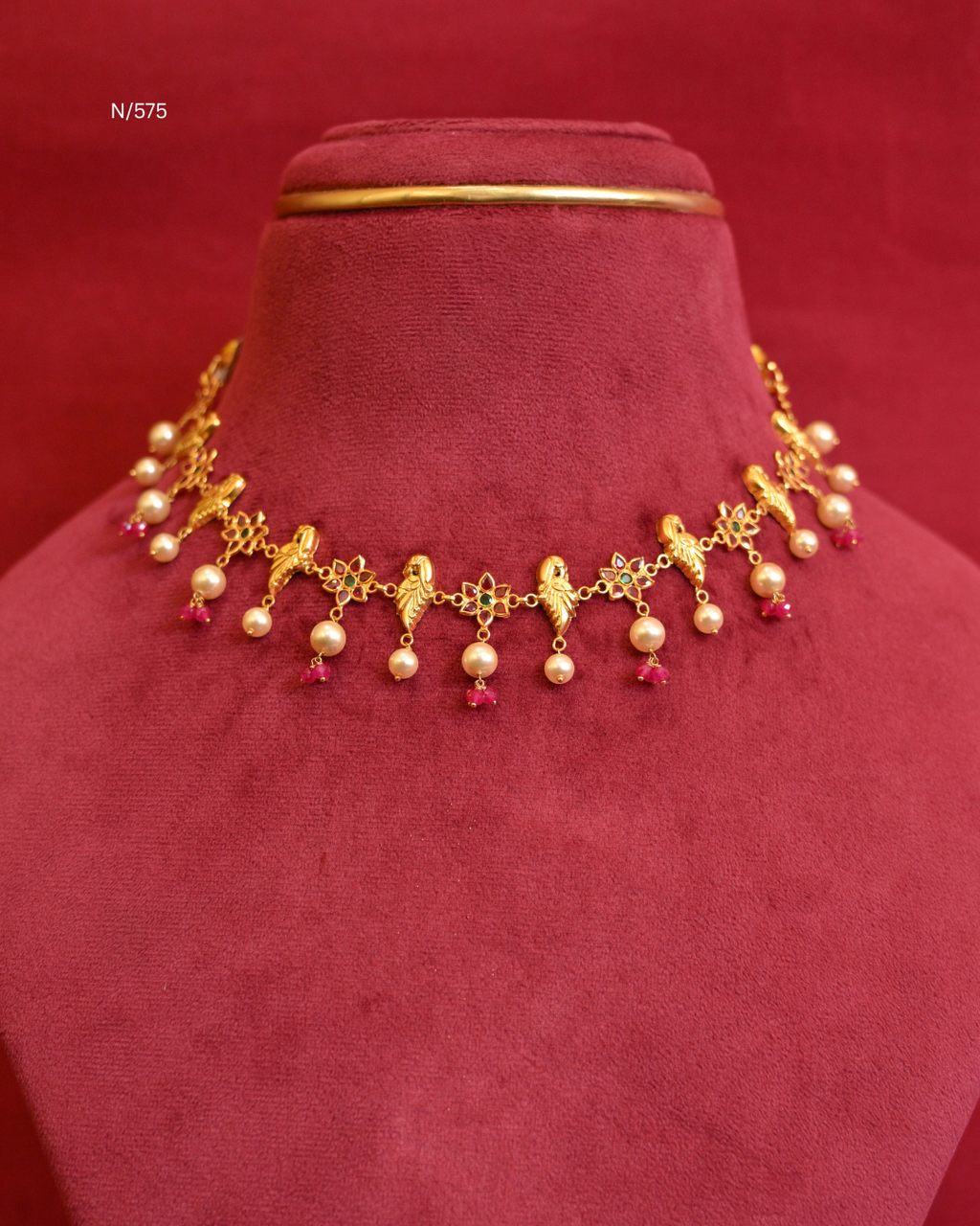 Peacock Nakshi & Floral Station Choker Necklace with Rubies, Emeralds, Pearls & Pink Bead Drops | SKU: N/575