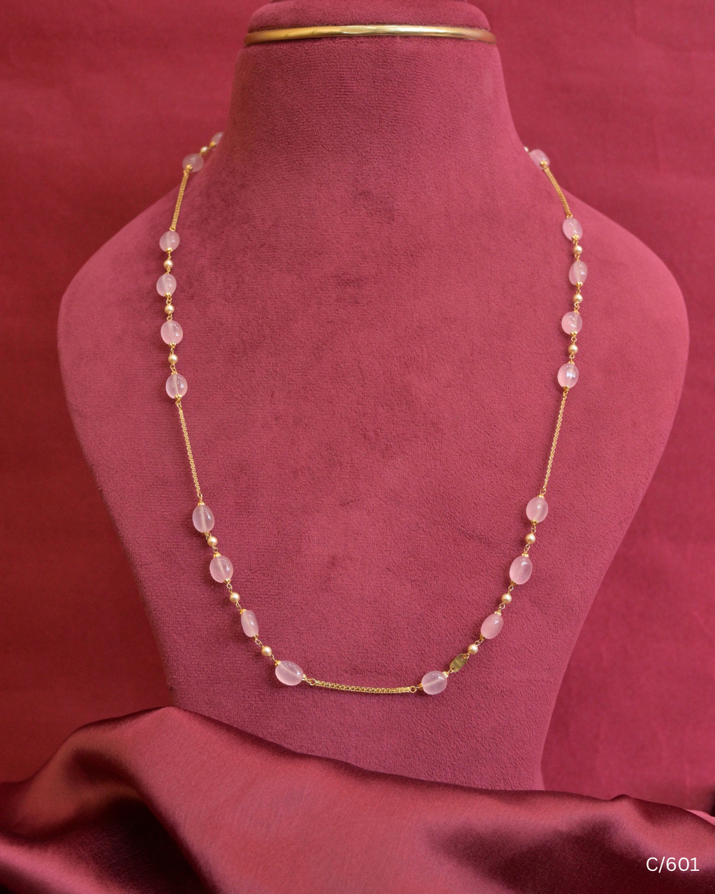 Long Station Chain Necklace with Rose Quartz Beads | SKU: C/601