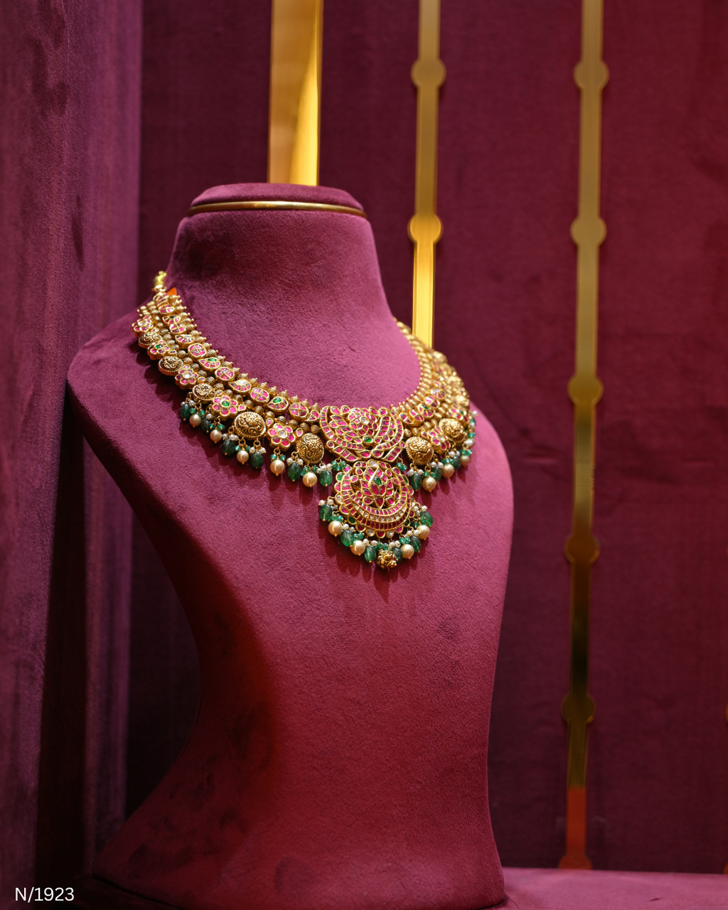 Polki, Ruby, Emerald & Pearl Bridal Statement Necklace | SKU: N/1923