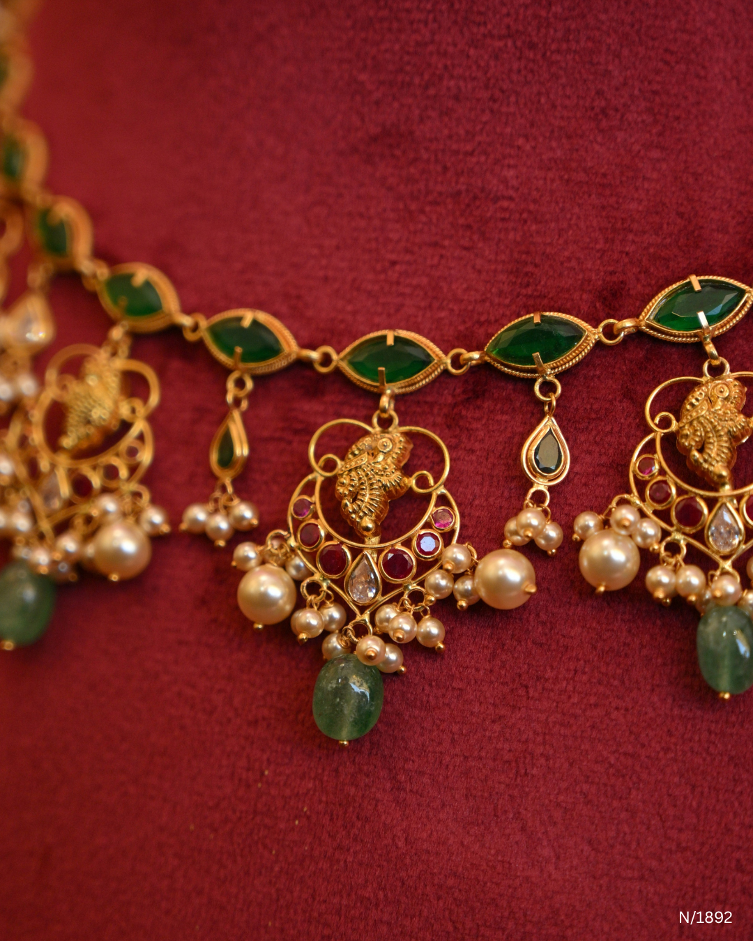 Traditional Marquise Emerald Station Choker with Temple Medallions, Pearl Clusters & Emerald Drops | SKU: N/1892