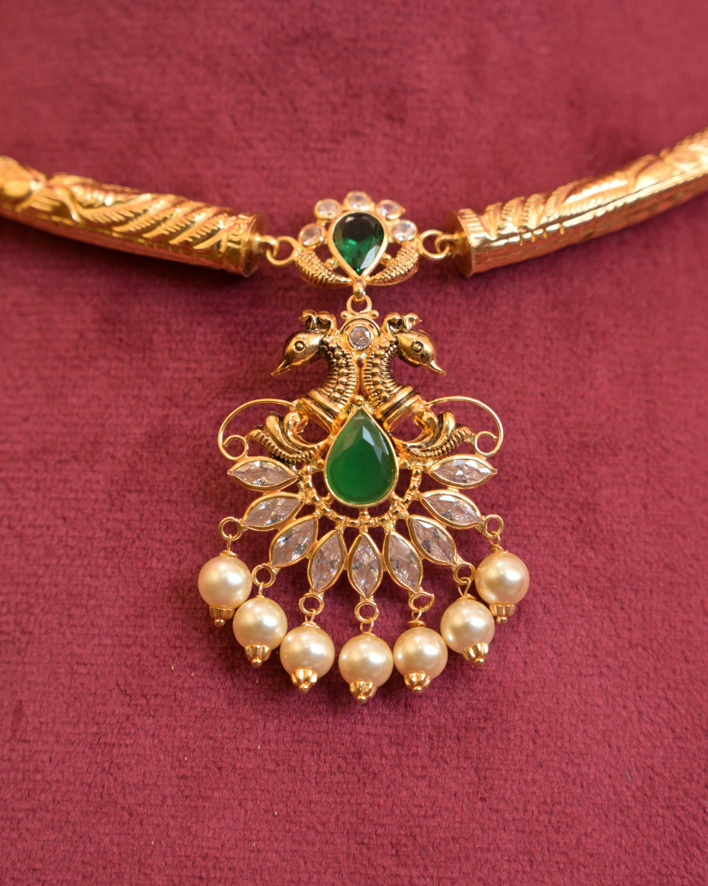 22kt Gold Twin Peacock Emerald & Marquise CZ Pendant Tubular Hasli with Pearl Drops