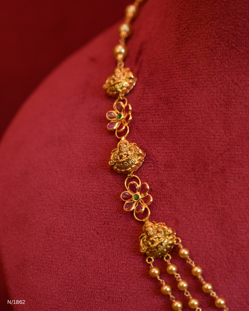 Three-Strand Temple Bead Necklace with Lakshmi & Floral Side Stations | SKU: N/1862