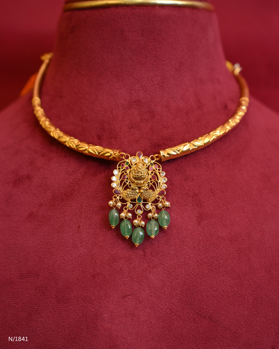 Temple Motif Openwork Pendant Kanti with Green Emerald Bead Drops | SKU: N/1841