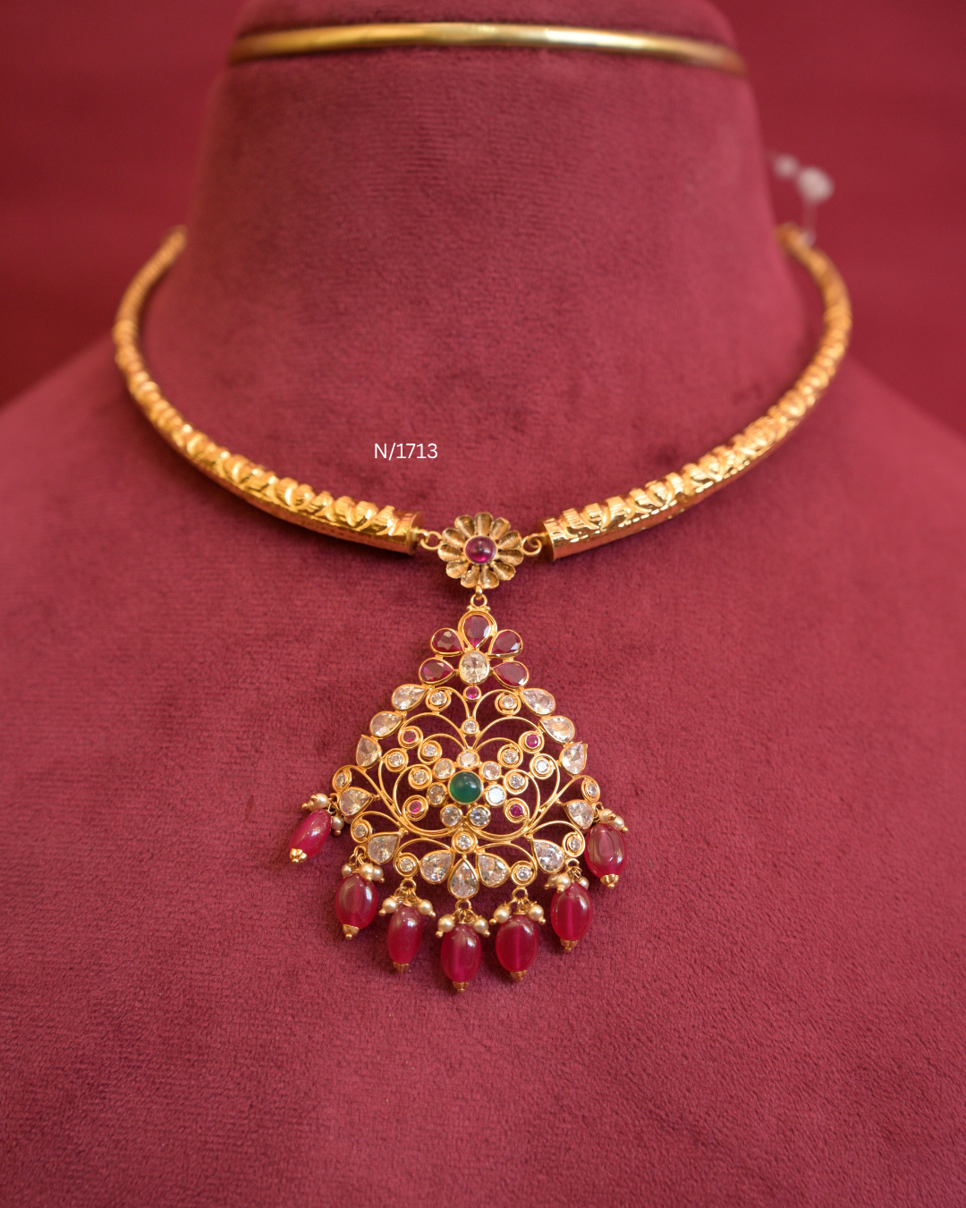 Floral Filigree Pendant Tubular Hasli with Rubies, Emerald & Ruby Bead Drops |SKU: N/1713