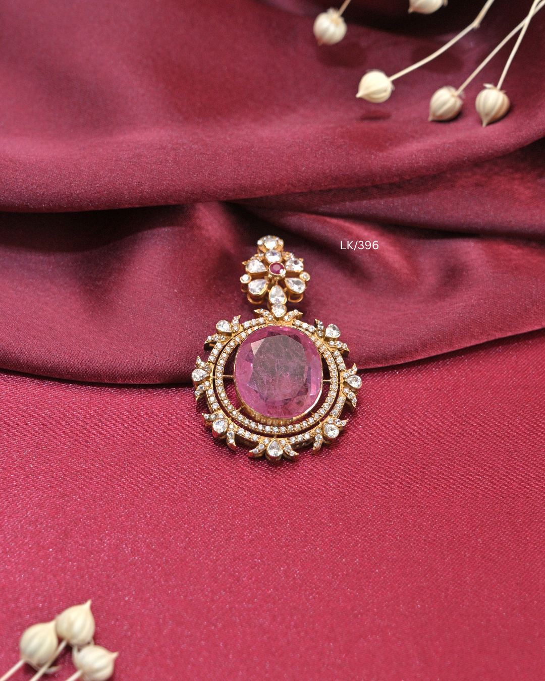 Grand Oval Cambodia Ruby & Moissanite Dual Halo Pendant | SKU: LK/396