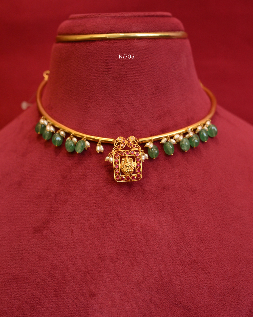 Goddess Lakshmi Nakshi Square Ruby Pendant Tubular Hasli Necklace with Emerald Bead & Pearl Drops | SKU: N/705
