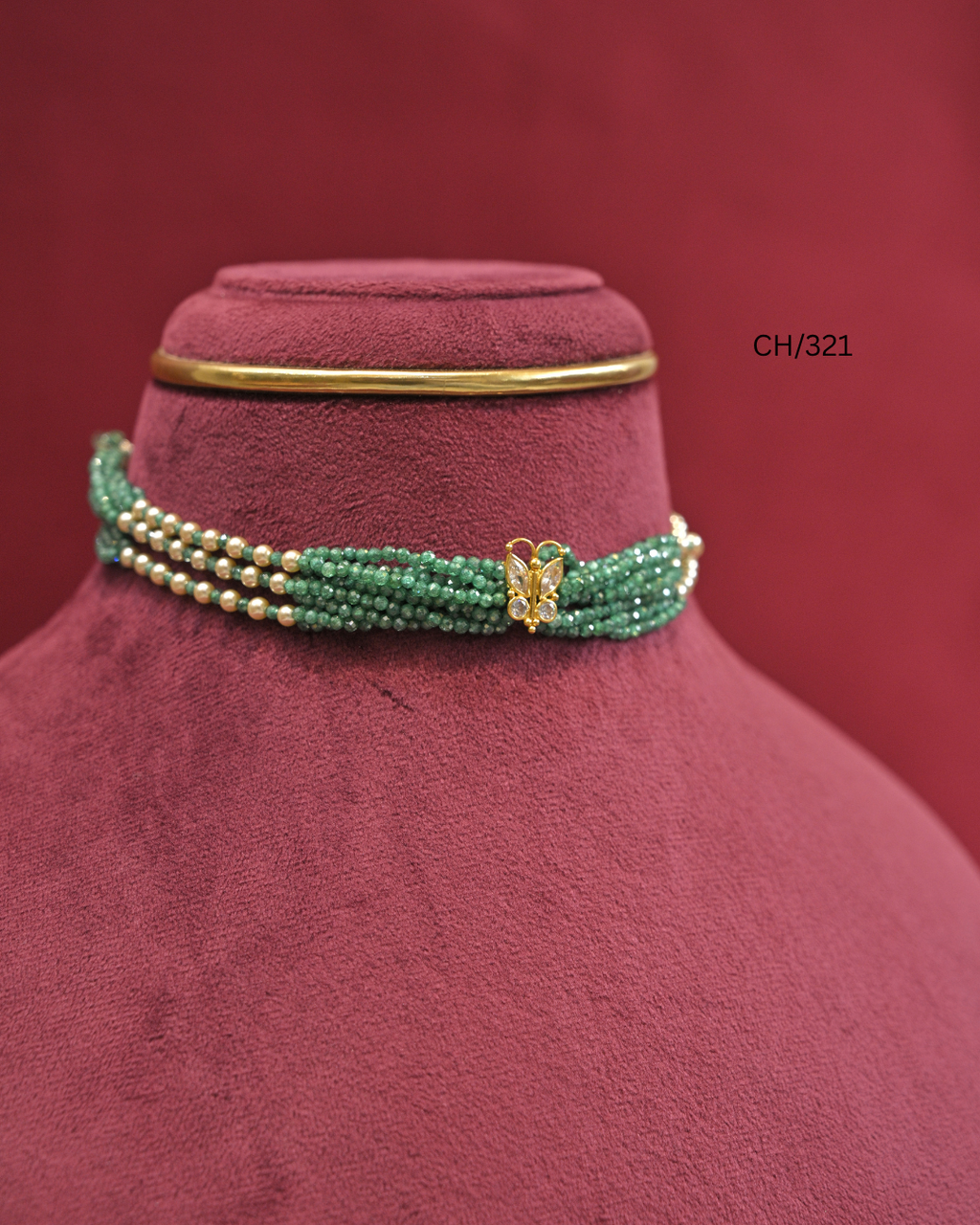 Gold Butterfly Motif Multi-Strand Emerald Green Bead Choker | SKU: CH/321
