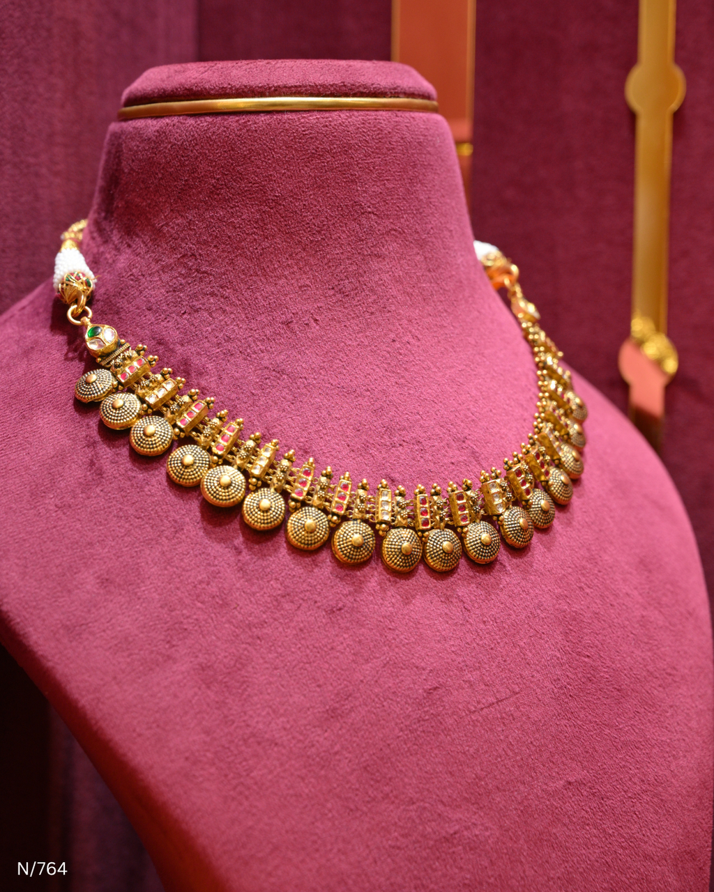 Antique Gold Temple Textured Button & Ruby Lightweight Choker | SKU: N/764