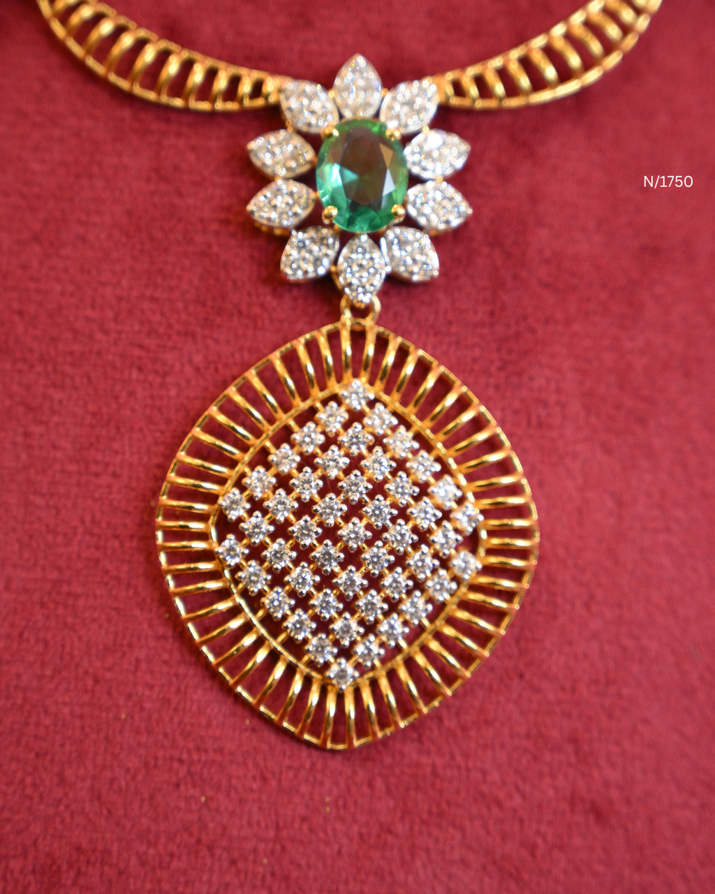 Architectural Rhombus CZ Medallion & Emerald Pendant Hasli-Style Necklace | SKU: N/1750