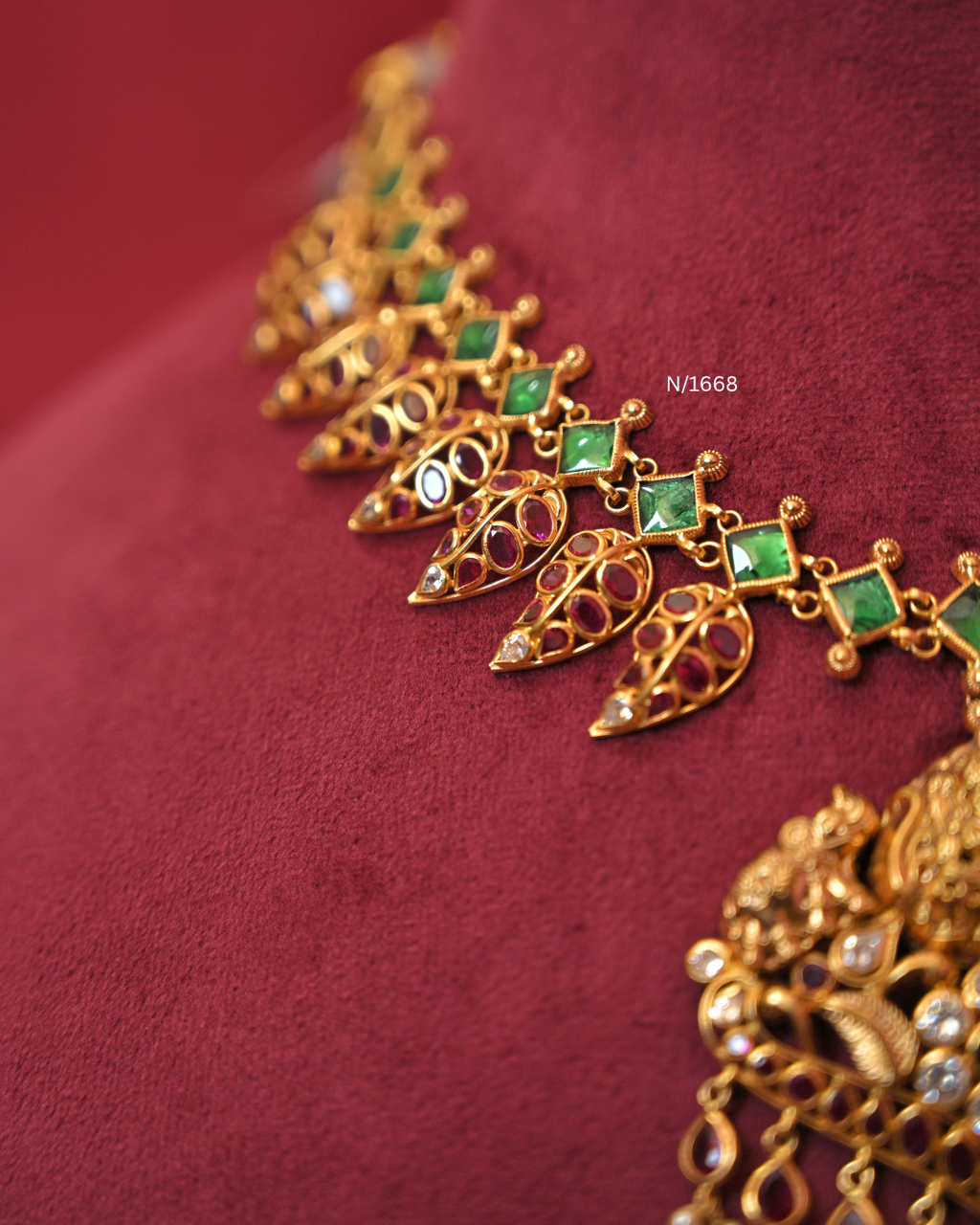 Goddess Lakshmi Nakshi Temple Pendant Necklace with Emerald Links & Ruby Mango Fringe |SKU: N/1668