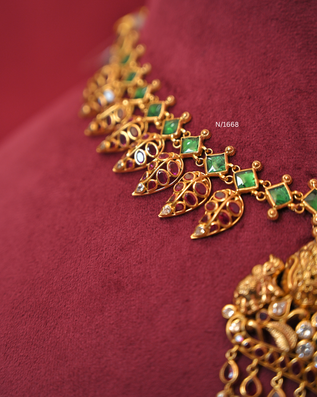 Goddess Lakshmi Nakshi Temple Pendant Necklace with Emerald Links & Ruby Mango Fringe |SKU: N/1668