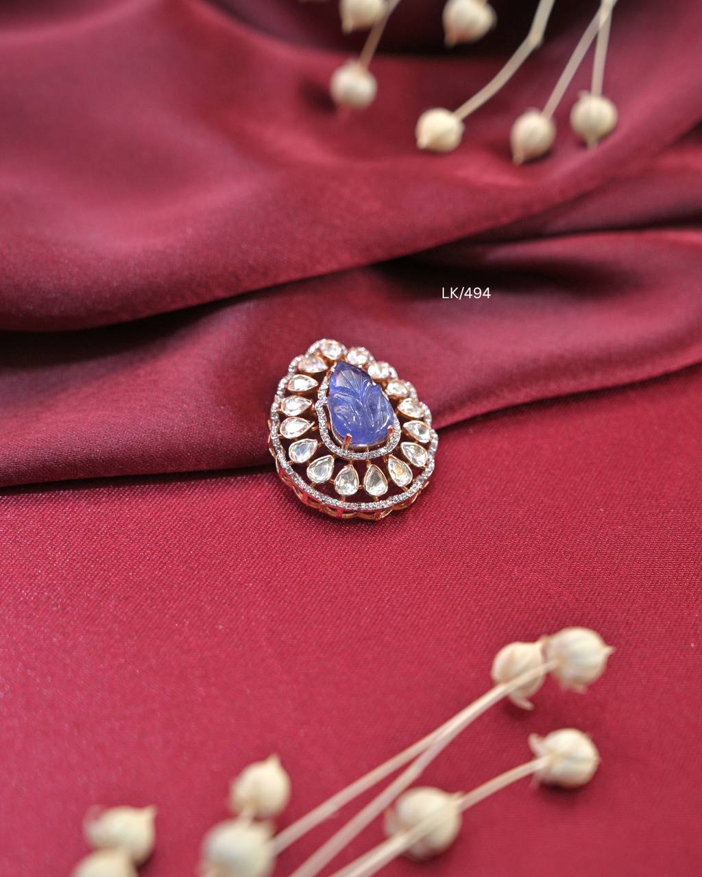 Carved Tanzanite Leaf & Polki-Style CZ Halo Medallion Pendant | SKU: LK/494
