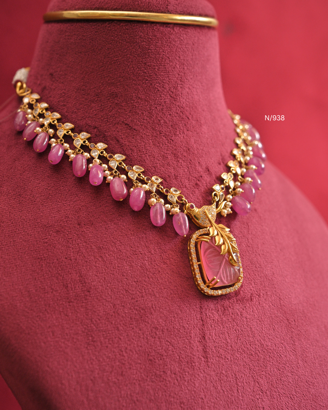 Carved Pink Gemstone Tablet & CZ Peacock Necklace with Pink Oval Bead Drops |SKU: N/938