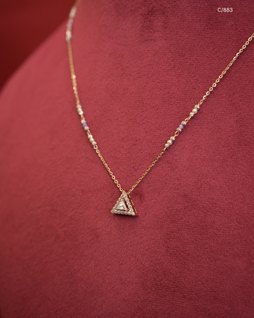 Gold Pastel Beaded Station Necklace with Triangular Pave CZ Halo Pendant | SKU: C/883