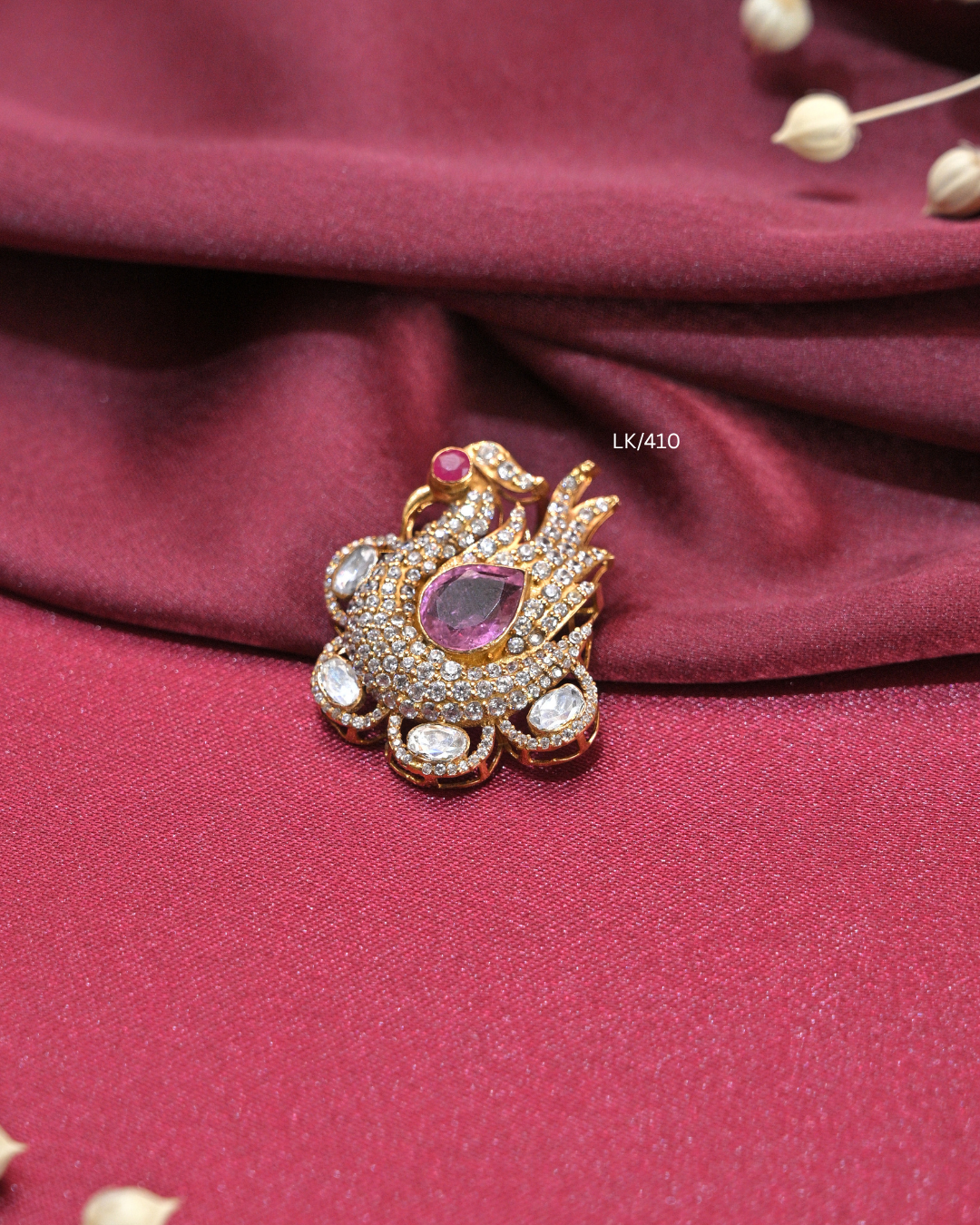 Antique Sculpted Peacock & Cambodia Ruby CZ Pendant | SKU: LK/410