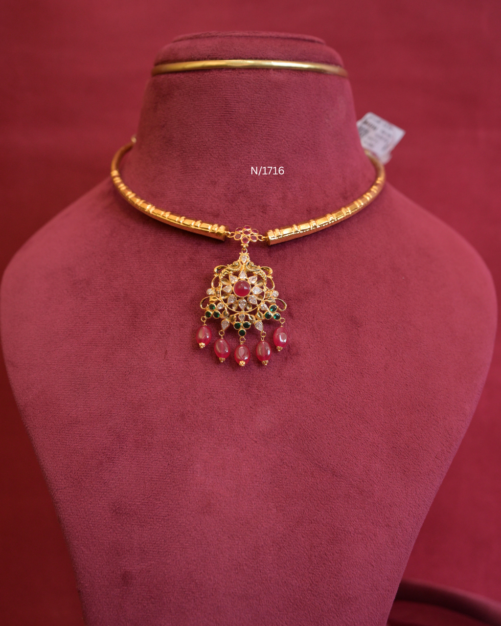 Floral Openwork Pendant Tubular Hasli with Ruby, Emerald & Ruby Bead Drops | SKU: N/1716