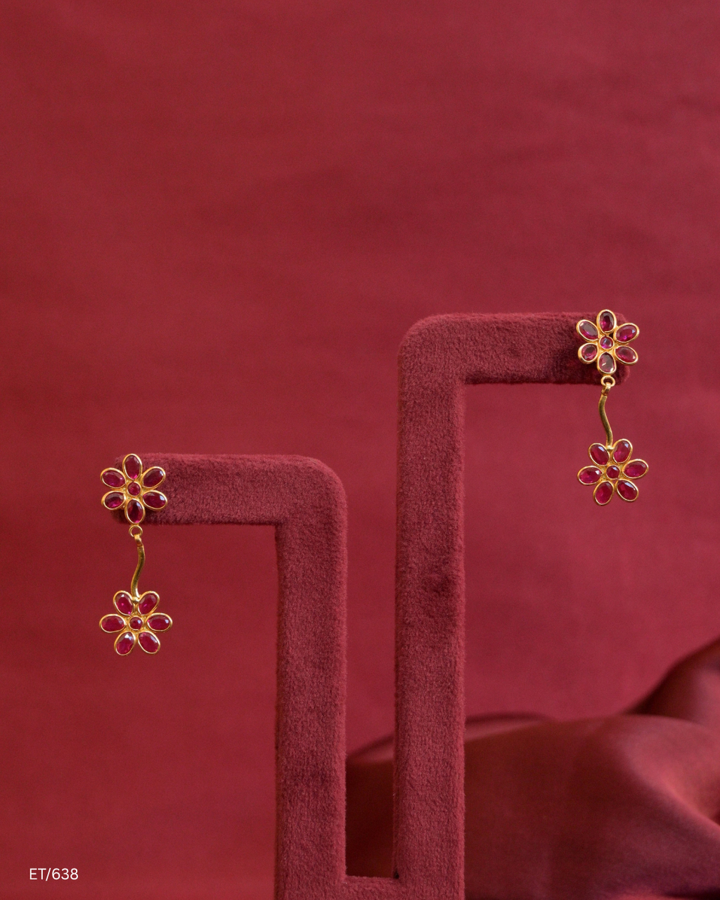 Double Floral Ruby Cluster Dangle Earrings | SKU: ET/638