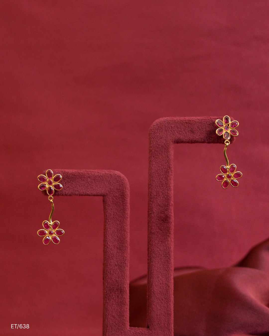 Double Floral Ruby Cluster Dangle Earrings | SKU: ET/638
