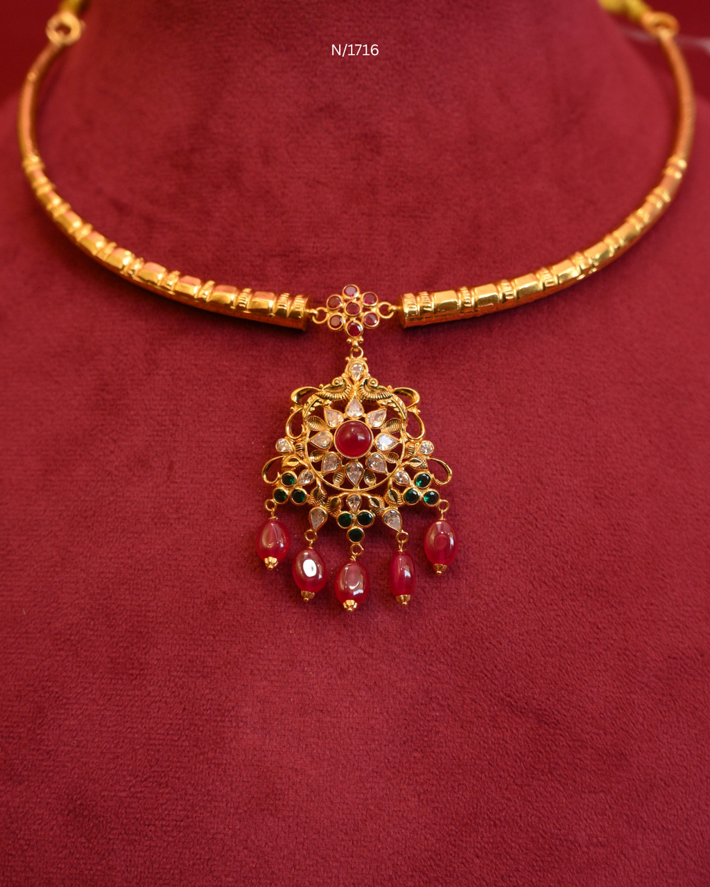 Floral Openwork Pendant Tubular Hasli Necklace with Ruby, Emerald & Ruby Bead Drops | SKU: N/1716